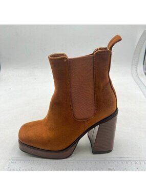 Women Platform Chelsea Ankle Booties Pull On Closed Toe Chunky High Heel Brown